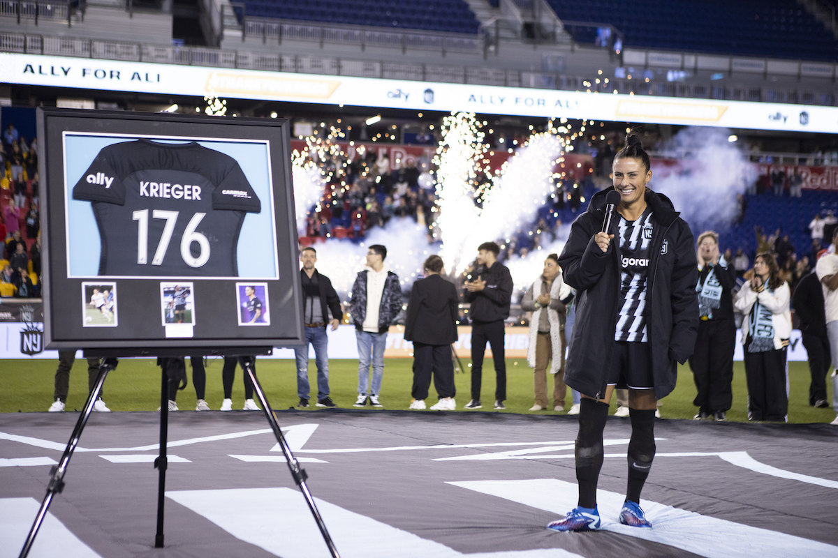 HARRISON, NEW JERSEY - OCTOBER 15: Ali Krieger #11 of NJ/NY Gotham FC reacts during her tribute after her final home season National Women's Soccer League game against the Kansas City Current at Red Bull Arena on October 15, 2023 in Harrison, New Jersey. (Photo by Ira L. Black - Corbis/Getty Images)