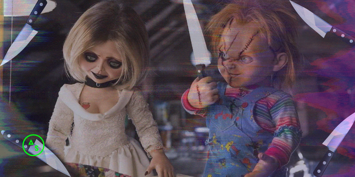 the bride of chucky and chucky, surrounded by knives