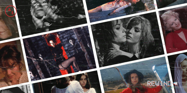 1. a woman strangling another woman in the vampire movie The Addiction (1995) in black and white. 2. a vampire woman covered in blood standing over another woman covered in blood. 3. two vampires in white nightgowns, and one is holding a knife. 4. a chained up vampire in Red Lips. 5. two women in Blood and Roses the lesbian vampire movie embrace each other. 6. a vampire looks in a mirror, wearing a white night gown in Female Vampire. 7. a vampire woman sits in a convertible car, wearing a red dress and black hat