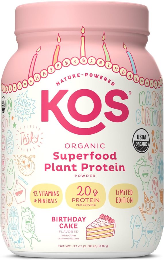 a jar of KOS birthday cake flavored protein powder