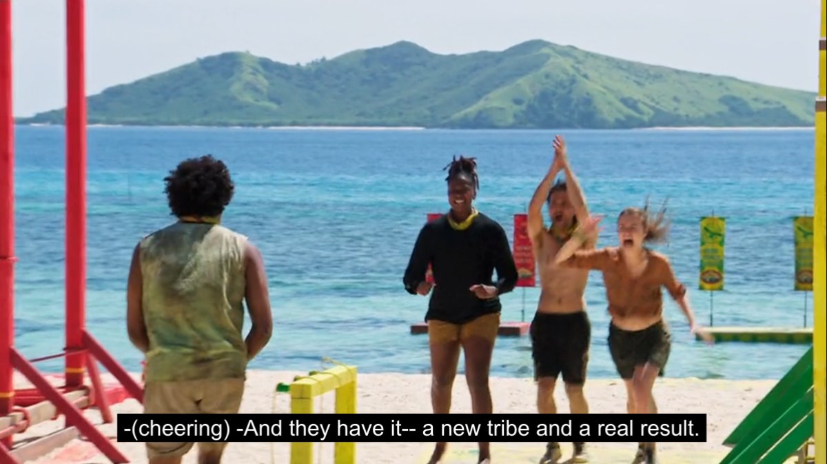 Members of the Lulu tribe on Survivor Season 45 celebrate by jumping up joyously, moments after winning the reward challenge