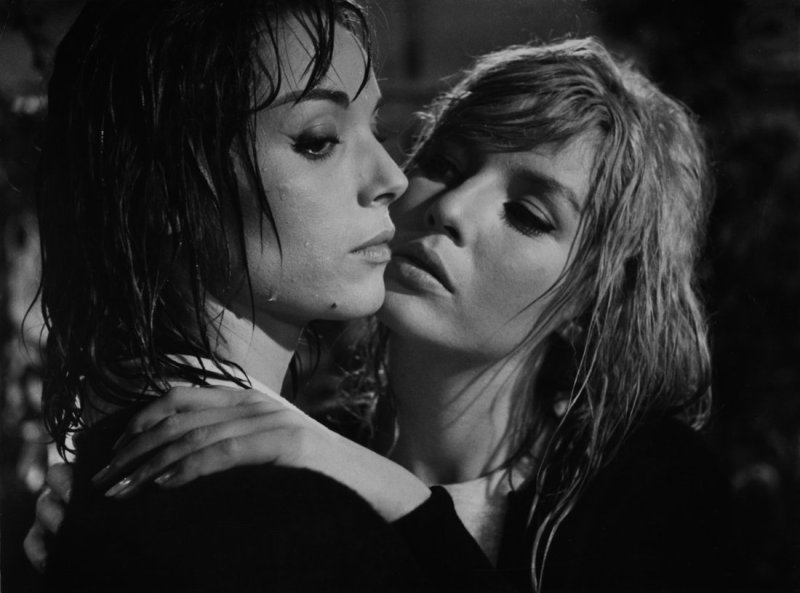 two women in Blood and Roses the lesbian vampire movie embrace each other in black and white
