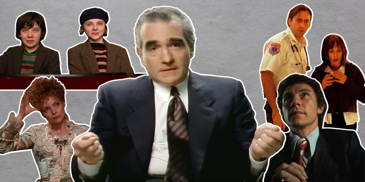 A collage with Martin Scorsese in the center and characters from Hugo, Age of Innocence, Mean Streets, and Bringing Out the Dead around him.