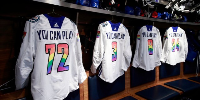 VANCOUVER, CANADA - MARCH 31: Vancouver Canucks Pride Night jerseys hang in their dressing room before their NHL game against the Calgary Flames at Rogers Arena March 31, 2023 in Vancouver, British Columbia, Canada. (Photo by Jeff Vinnick/NHLI via Getty Images)