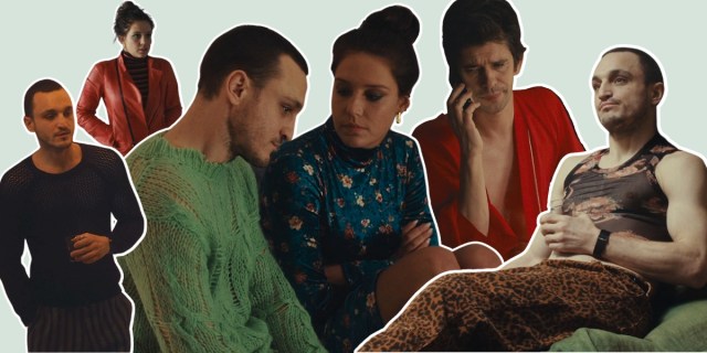 A collage of images from within the article set against a light blue background. Franz Rogowski, Ben Whishaw, and Adèle Exarchopolous in various great outfits.