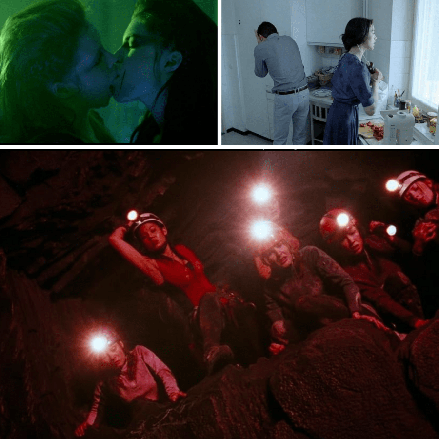 mood board for pisces horror movies with screen grabs from the lure, possession and the descent