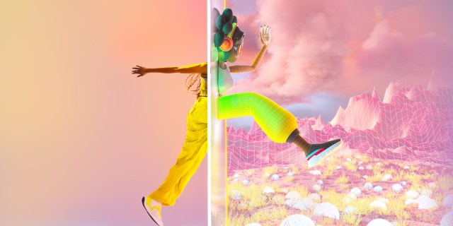 A digital illustration of a Black woman jumping into a computer screen, the theme colors are orange and pink.