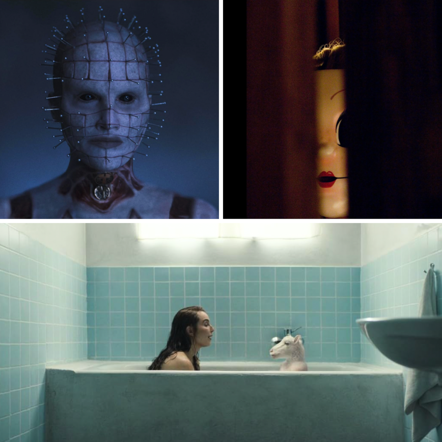 scorpio's halloween horror movie zodiac sign mood board featuring screen grabs from hellraiser, the strangers and lamb