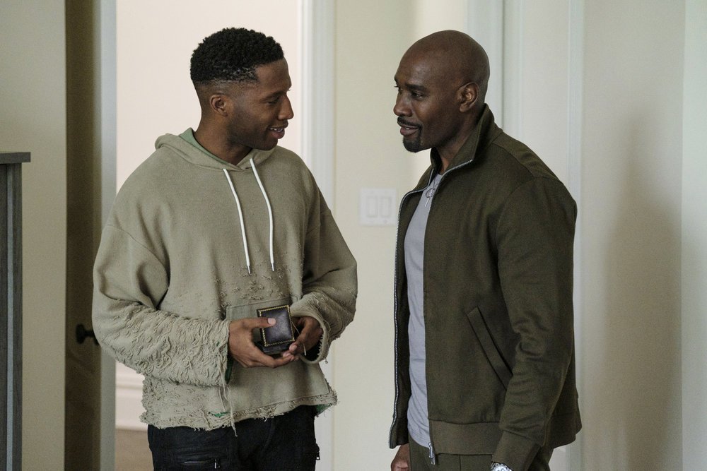 THE BEST MAN: THE FINAL CHAPTERS -- “An American Marriage” Episode 106 -- (Pictured: (l-r) Eric Scott Ways as LJ, Morris Chestnut as Lance Sullivan -- (Photo by: Matt Infante/Peacock)