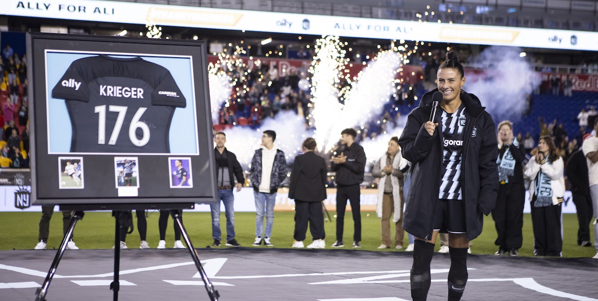 HARRISON, NEW JERSEY - OCTOBER 15: Ali Krieger #11 of NJ/NY Gotham FC reacts during her tribute after her final home season National Women's Soccer League game against the Kansas City Current at Red Bull Arena on October 15, 2023 in Harrison, New Jersey. (Photo by Ira L. Black - Corbis/Getty Images)