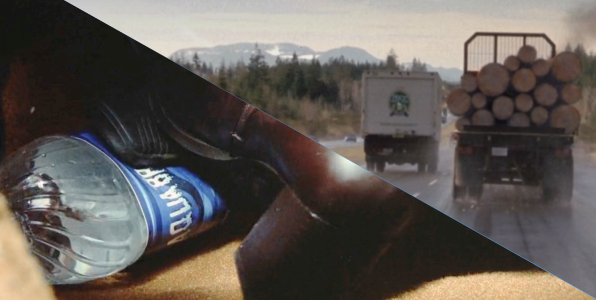 Split screen of the log truck and a water bottle stuck under a pedal