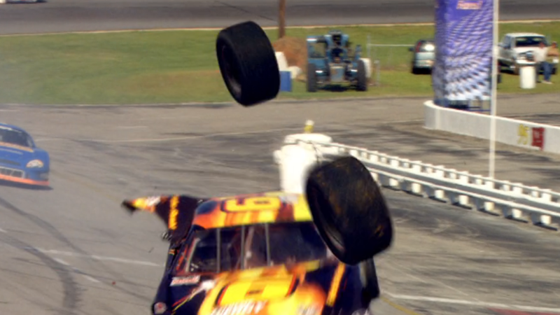 Tires flying toward camera