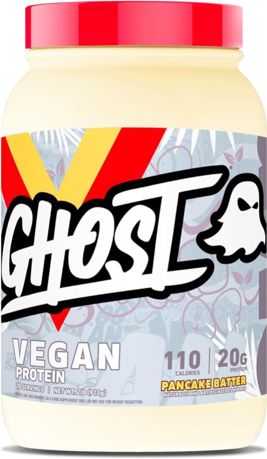 a container of ghost protein powder in pancake batter flavor