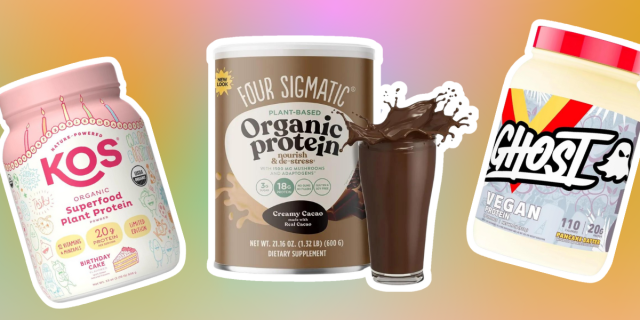 1. a jar of KOS birthday cake flavored protein powder. 2. a jar of Four Sigmatic Organic Protein in creamy cacao. 3. a container of ghost protein powder in pancake batter flavor