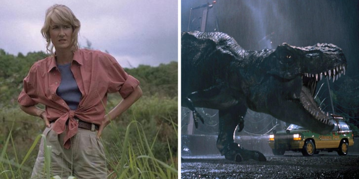 Dr. Ellie Sattler stands with her hands on her hips. A T-Rex from Jurassic Park roars.