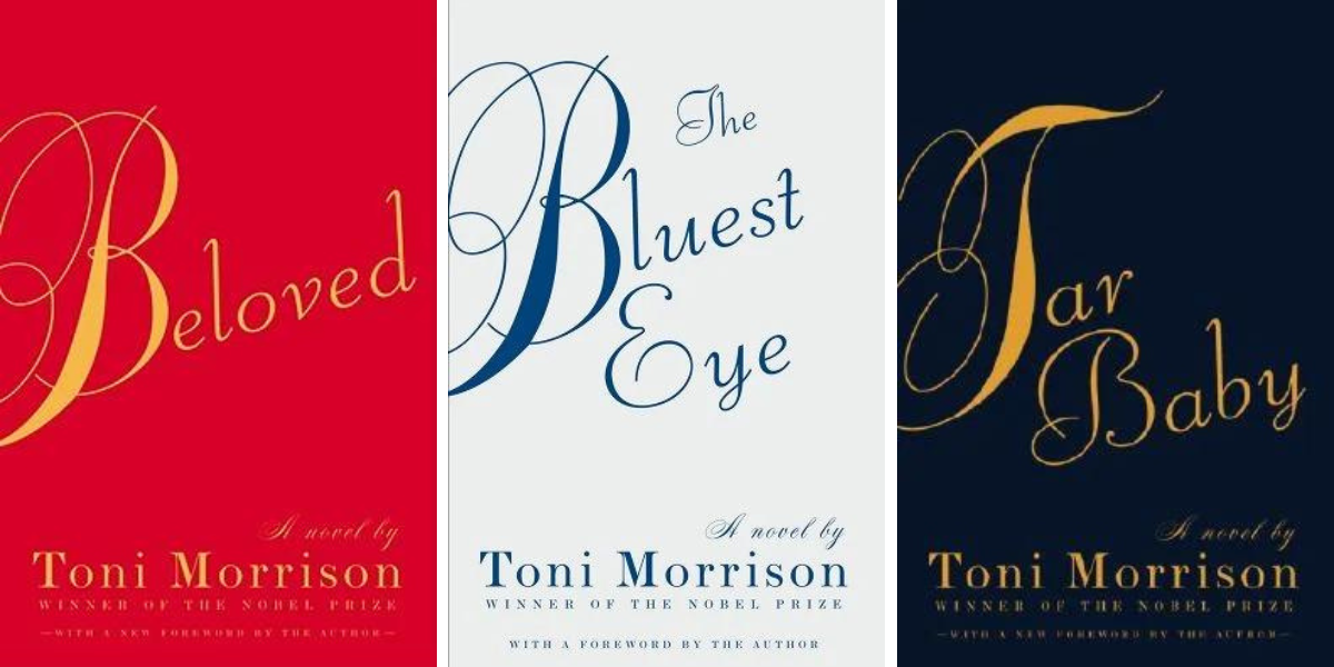 Three of Toni Morrison's banned books. Beloved by Toni Morrison, The Bluest Eye by Toni Morrison, and Tar Baby by Toni Morrison
