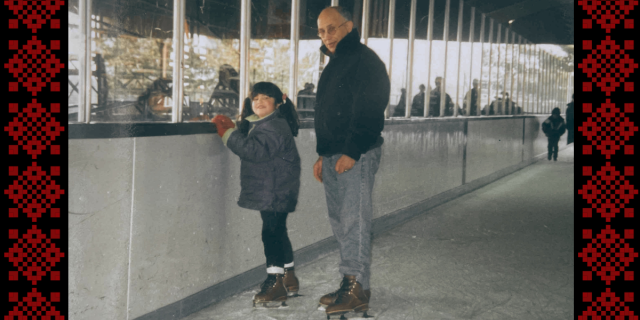 Laila and their jiddo (Nabil) at an ice skating rink in New Jersey, 1997