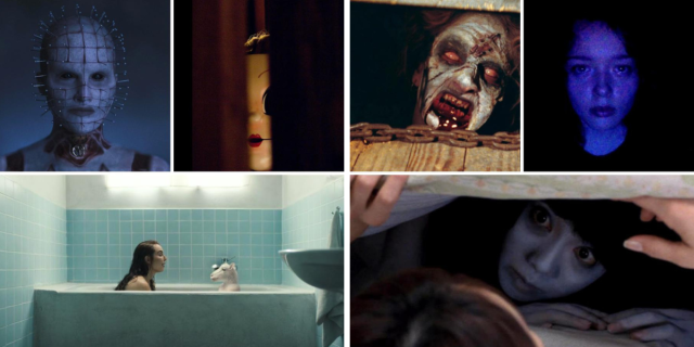 scorpio's halloween horror movie zodiac sign mood board featuring screen grabs from hellraiser, the strangers and lamb and sagittarius' mood board with screen grabs from the evil dead, we're all going to the world's fair and ju-on