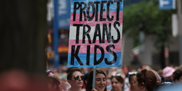 a person holding a sign at a protest that reads PROTECT TRANS KIDS