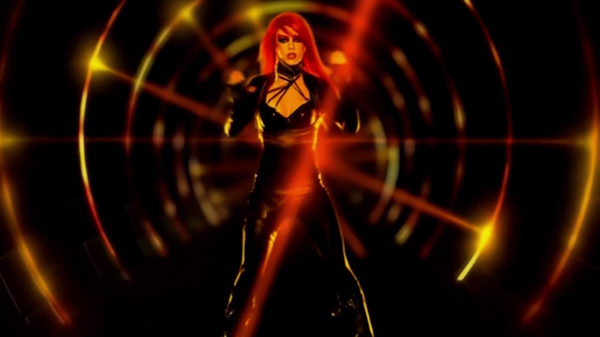 Britney spears with red hair and a catsuit