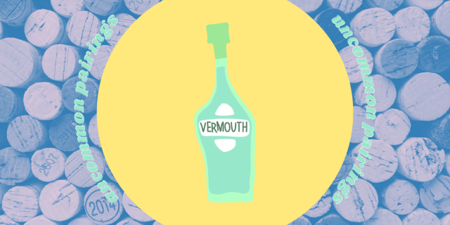 UNCOMMON PAIRINGS: a bottle of vermouth against a yellow circle, with corks in the background