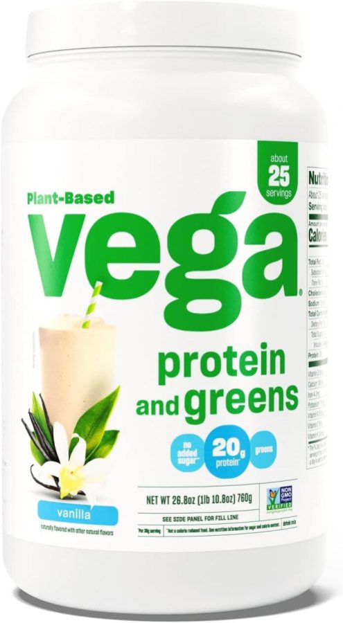 a jar of vega protein and greens, vanilla flavor