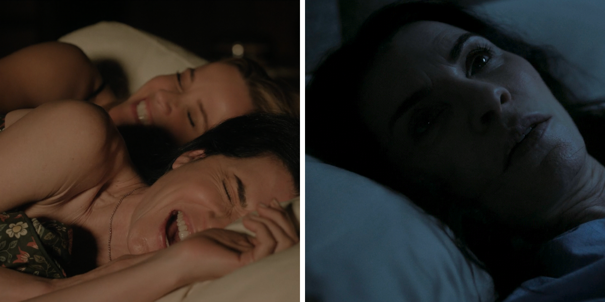 Laura and Bradley laughing in bed with a split screen of Laura unable to sleep