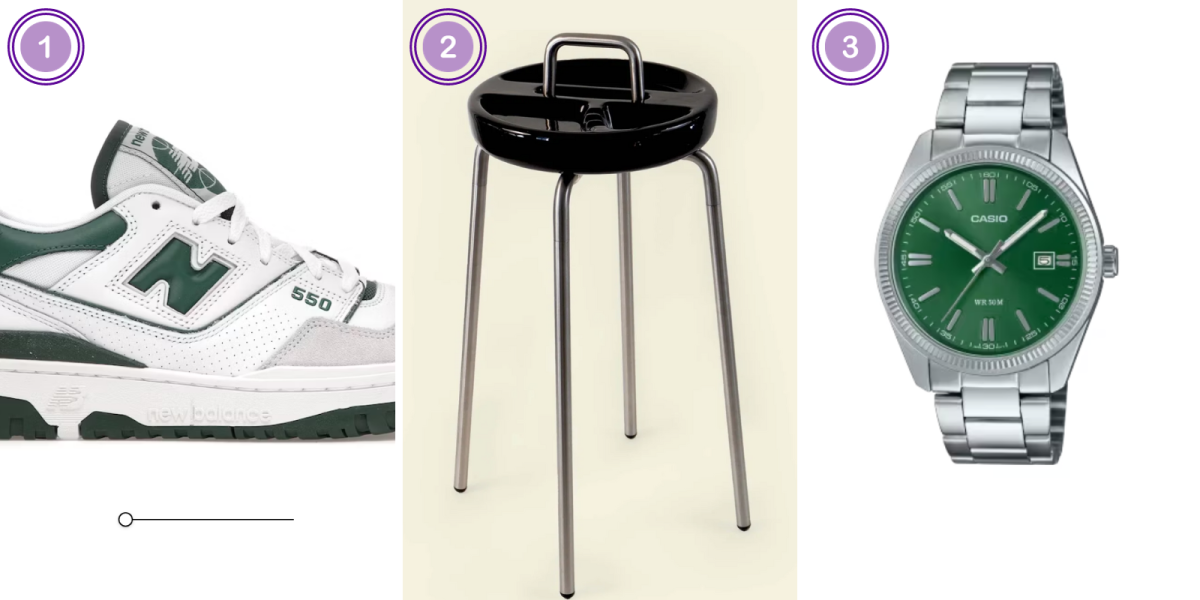 1. New Balance 550 White Green ($121)2. Houseplant Side table Ash Tray ($146) 3. Casio Vintage MTP1302D-3AVT in green ($75)