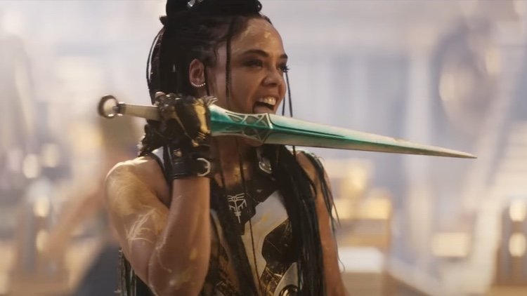 Valkyrie licking a sword in Thor: Love & Thunder