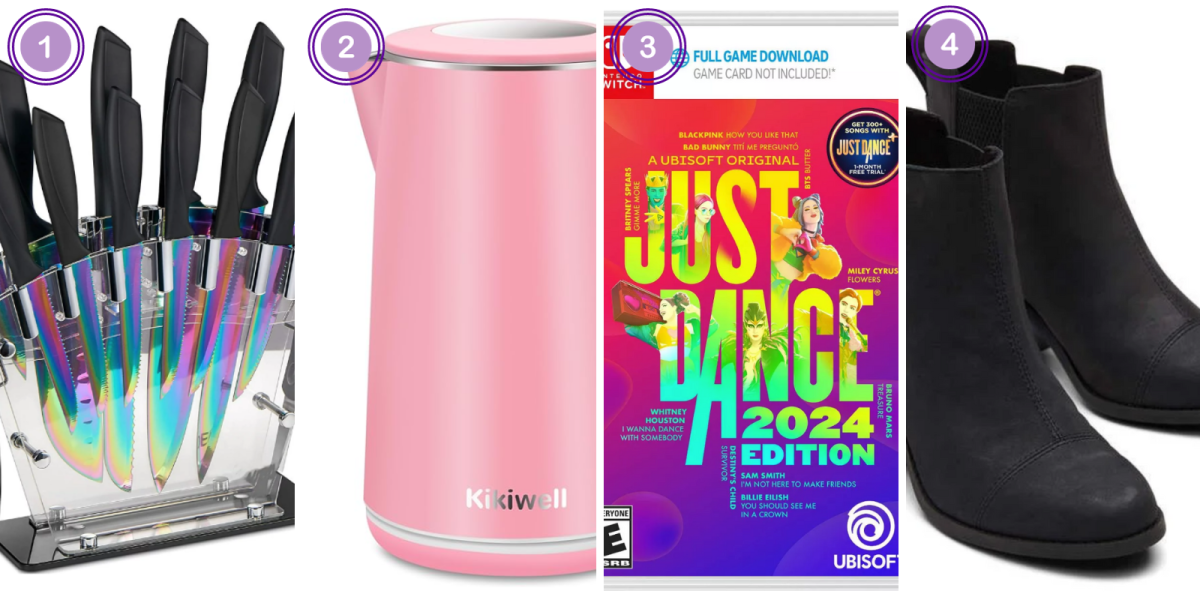 1. Knife Block ($34)2. Electric Kettle ($27) 3. Just Dance 2024 ($40) 4. Everly Boot ($120)