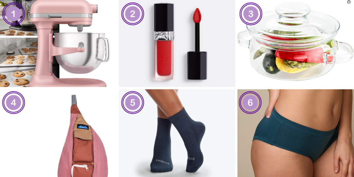 1. Kitchen Aid Mixer ($260)2. Rouge Dior Forever Liquid Sequin ($45) 3. Glass Simmer Pot ($28) 4. Kavu Sling Bag ($55) 5. Socks ($16) 6. Underwear 