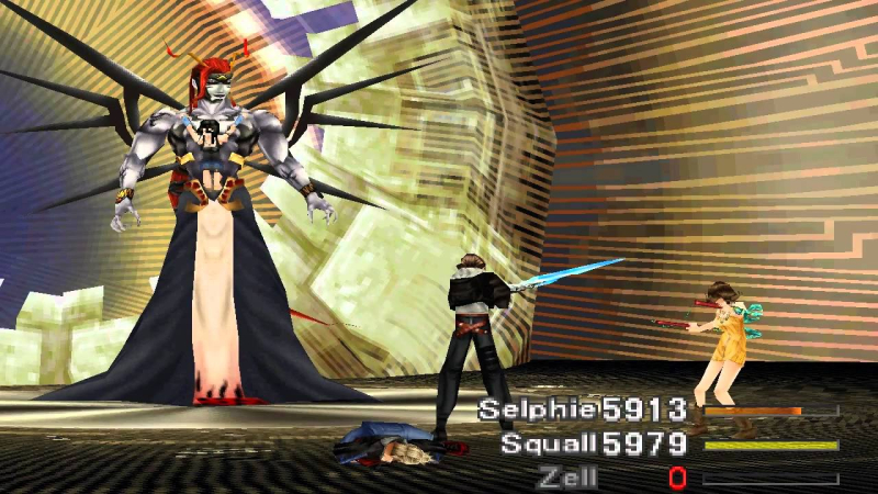 A person stands with a sword next to a body as a very large person with spiky wings looks down upon them.