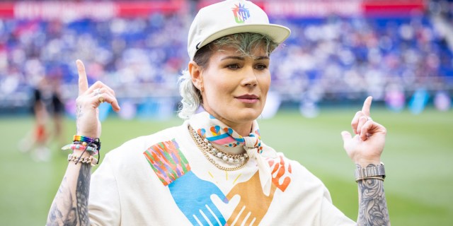 Ashlyn Harris shows off her Pride attire before the National Womens Soccer League Pride Night match against San Diego Wave at Red Bull Arena on June 4, 2023 in Harrison, New Jersey.