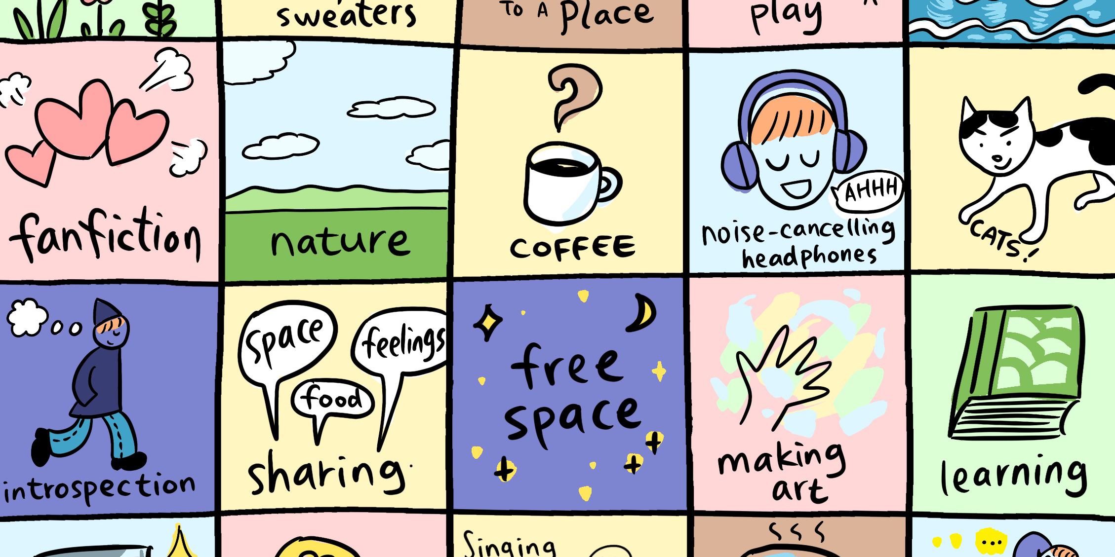 A hand drawn colorful grid in the style of a Bingo board. Spaces include: fanfiction, nature, coffee, noise cancelling headphones, cats, introspection, sharing, making art, and learning. There is also a free space in the center.