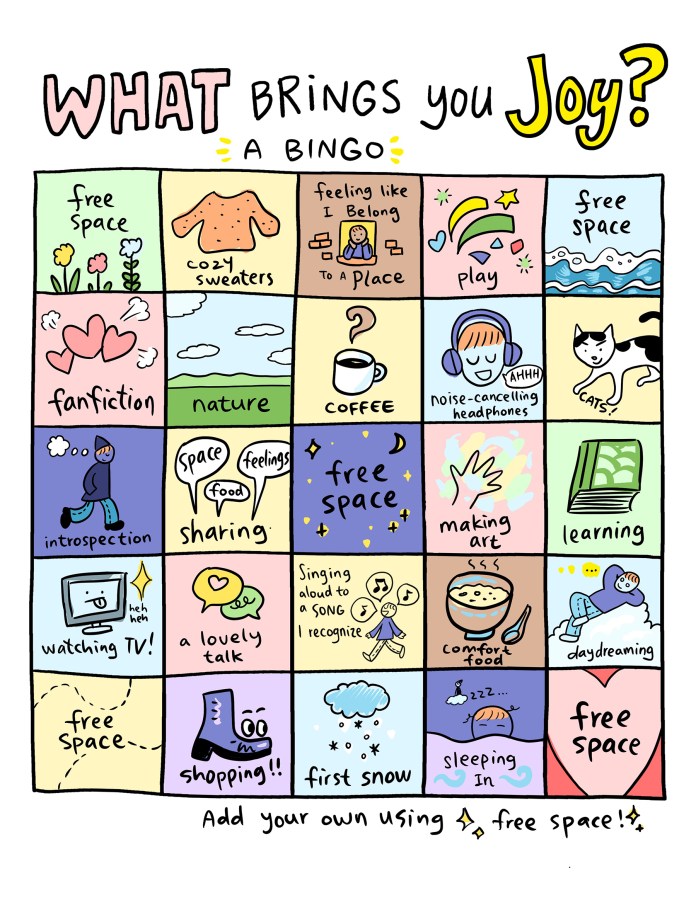An hand drawn, brightly colored, bingo board. The title reads "What Brings you Joy? A Bingo!" and the spaces include: fanfiction, nature, coffee, noise cancelling headphones, cats, introspection, sharing, making art, and learning, among others. There is also a free space in the center. In a note at the end of the illustration the author encourages using the free space to add your own magic.