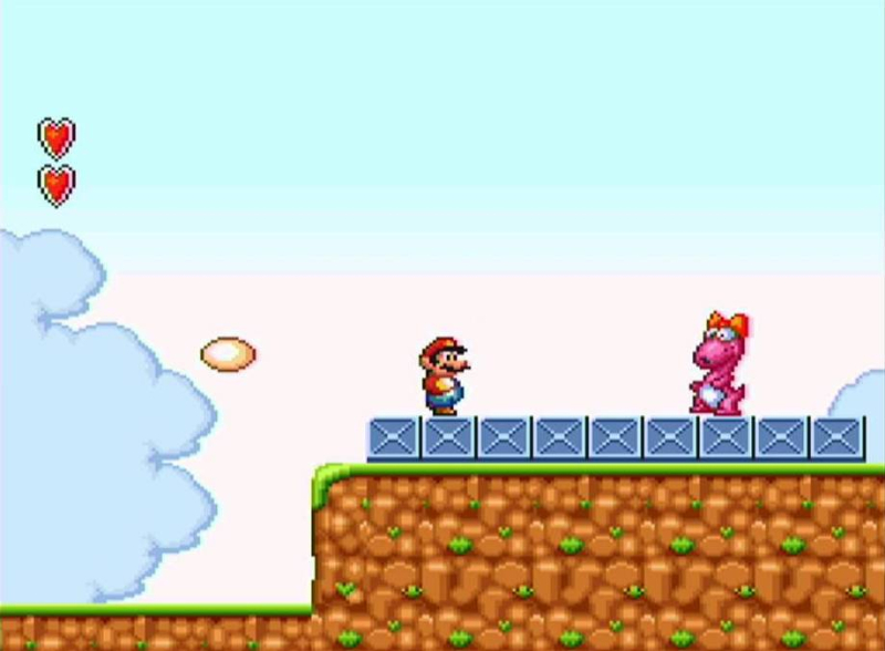 Mario looks at Birdo.