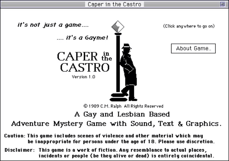 Trans video game characters: The loading page for Casper in the Castro. It says "Not just a game... it's a Gayme!"