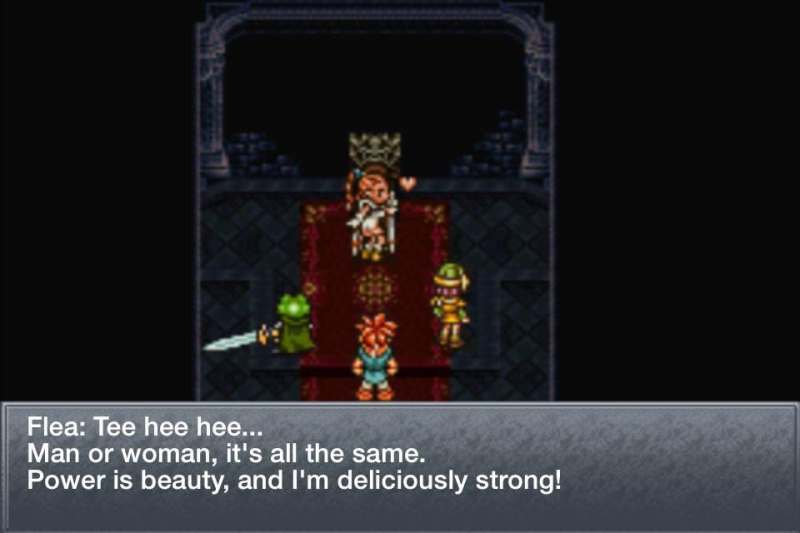 Trans video game characters: Three people look at someone who looks like a girl on a throne blowing a kiss. "Flea: Tee hee hee... Man or woman, it's all the same. Power is beauty, and I'm deliciously strong!"