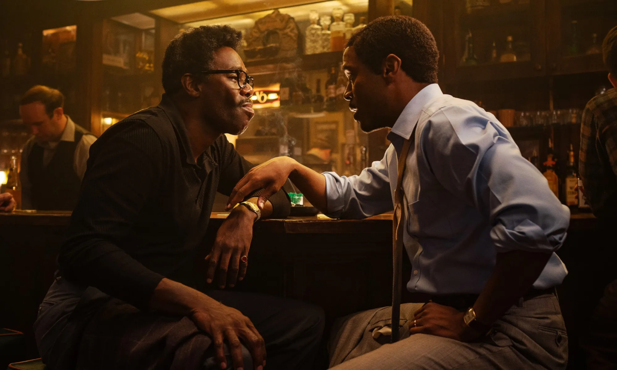 Colman Domingo as Bayard Rustin sits at a bar with Johnny Ramey as Elias