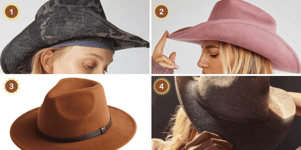 a black denim cowboy hat, a pink wool cowboy hat, a brown racher hat, and a sparkly beige cowboy hat