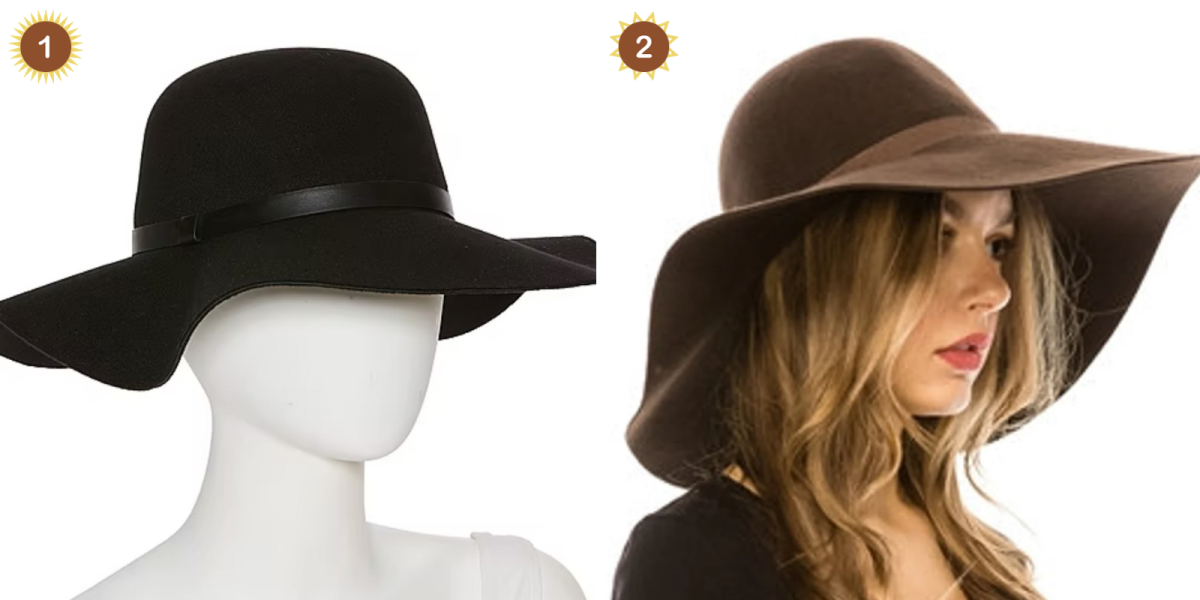 a black floppy hat and a brown floppy hat