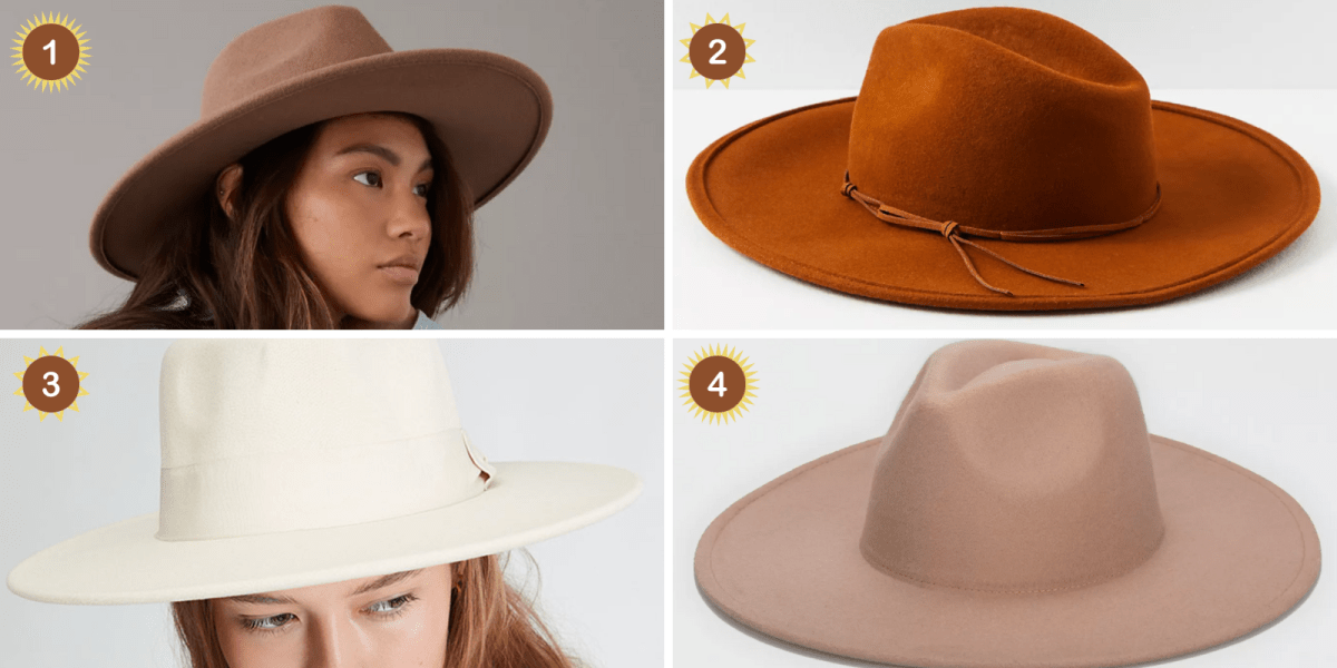 a light brown brimmed hat, a terracotta brimmed hat, a cream structured hat, and a beige brimmed hat