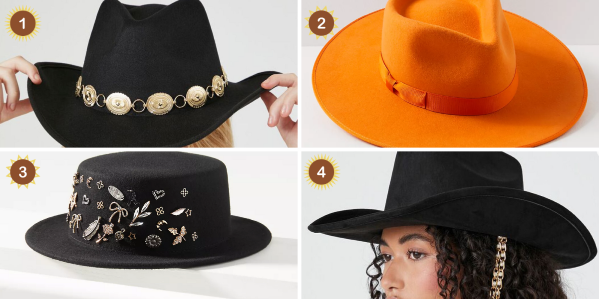 A black cowboy hat with a chain trim, a bright orange fedora, a black boater hat with charms attached, and a black cowboy hat with a pearl chain