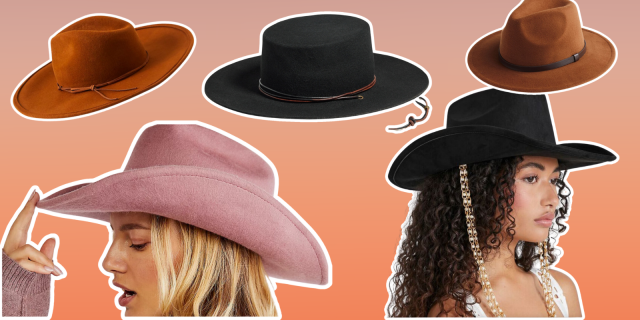 a brown structured wide brim hat, a pink cowboy hat, a black structured wide brim flat hat, a brown fedora, and a black cowboy hat with a pearl strand