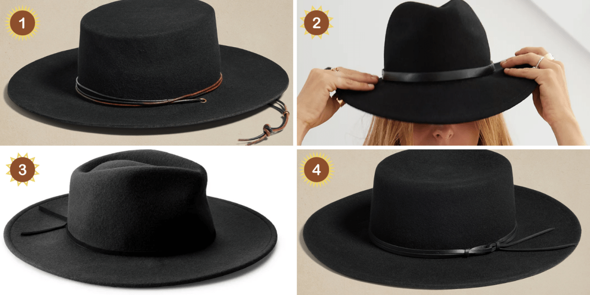four black wide brimmed hats