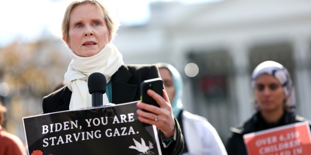 Actress Cynthia Nixon announces a hunger strike calling for a ceasefire in Gaza outside the White House on November 27, 2023 in Washington, DC. Nixon, who was joined by state legislators, community leaders and activist, demands that President Biden call for a permanent ceasefire in the Israel-Hamas war and stops military aid to Israel. (Photo by Kevin Dietsch/Getty Images)