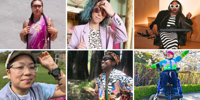 A collage of six images of queer disabled people of various races and genders, all dressed fashionably