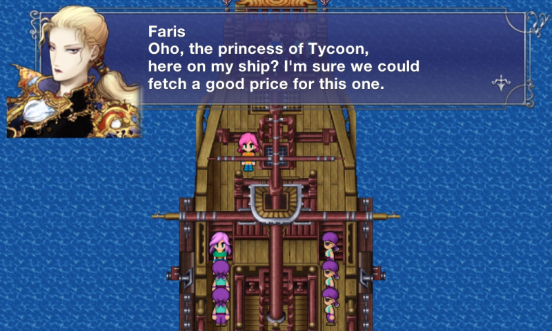 Women line up on a ship. At the top is more detailed image of a woman. "Faris: Oho, the princess of Tycoon, here on my ship? I'm sure we could fetch a good price for this one."