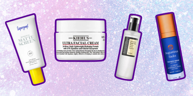The following skincare stocking stuffers: Supergoop Mineral Matte Screen sunscreen, Kiehl's Ultra Facial Cream, Advanced Snail 96 Mucin Power Essence, and Augustinus Bader The Rich Cream