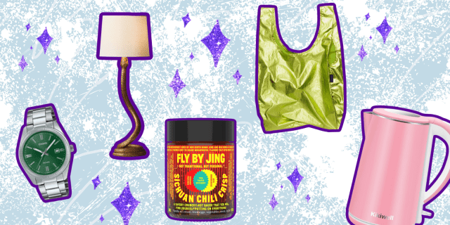a watch, a lamp with a snake base, a jar of Fly by Jing chili crisp, a lime green baggu bag, and a pink electric kettle